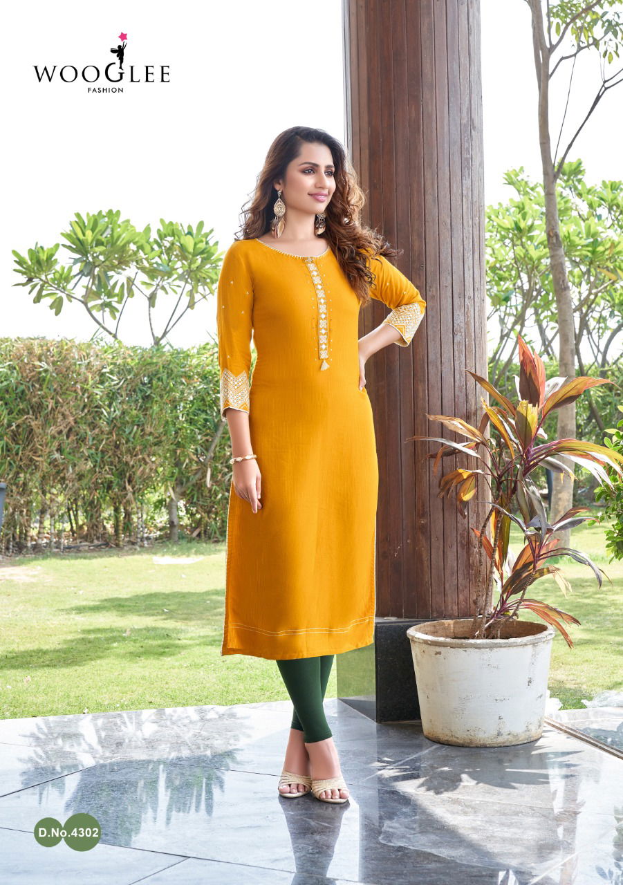 Wooglee Sakshi  Fancy Festive Wear Heavy Rayon Embroidery And  Handwork Designer Rayon Kurtis Collection 